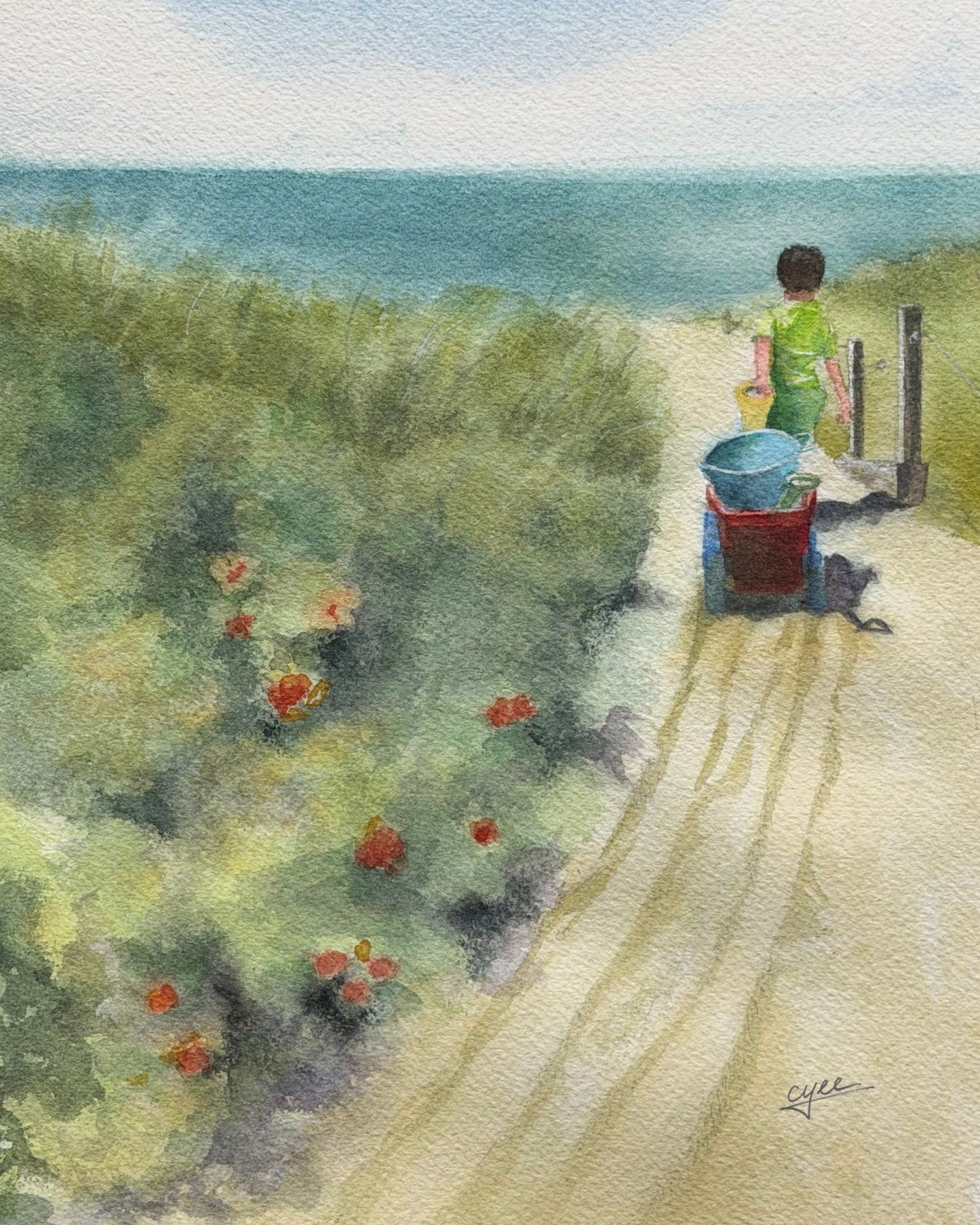 Follow Me | Child Walking to the Beach Watercolor Painting | Cape Cod Coastal Art