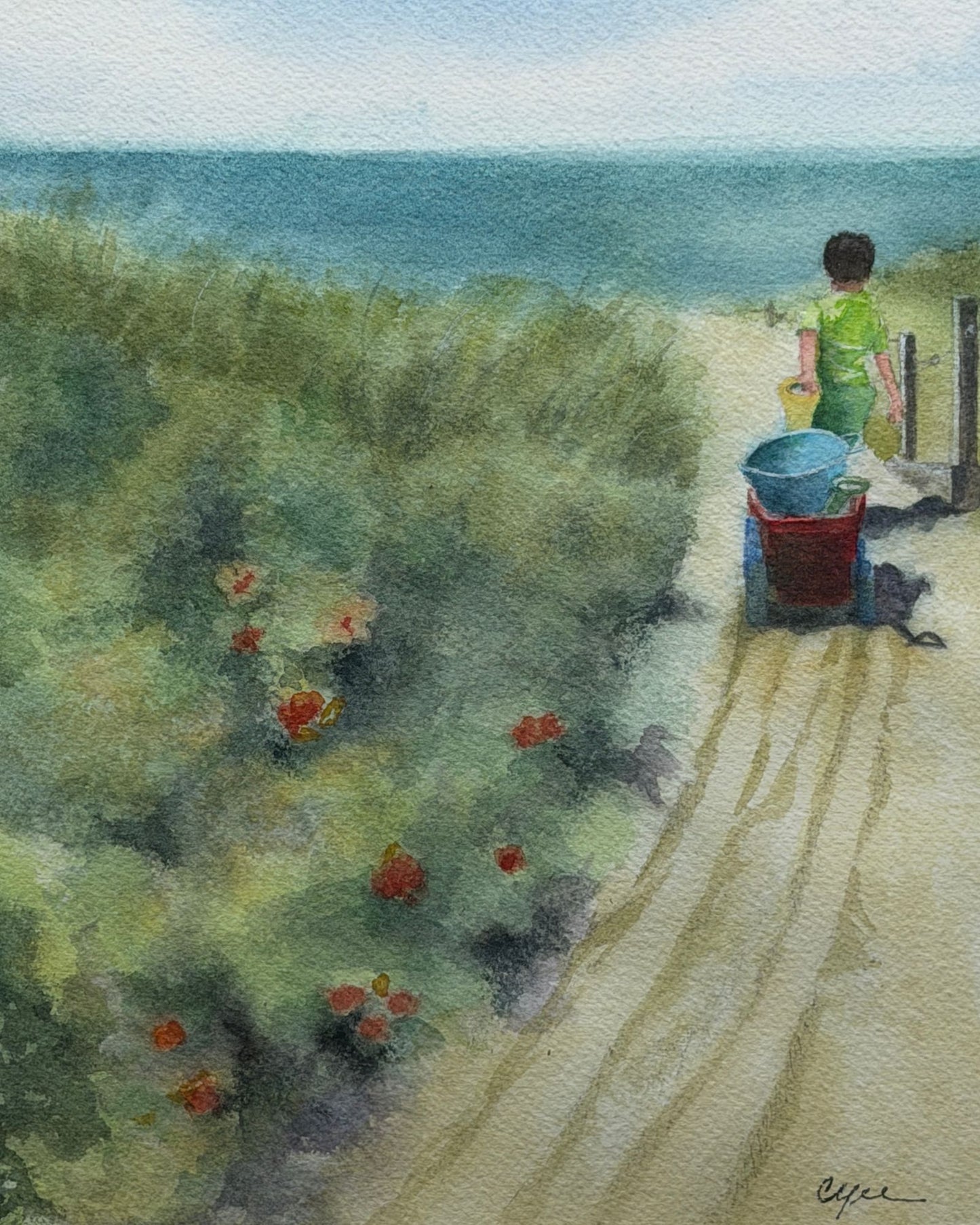 Follow Me | Child Walking to the Beach Watercolor Painting | Cape Cod Coastal Art